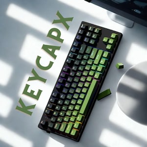 Top view of green PBT keycaps on white keyboard