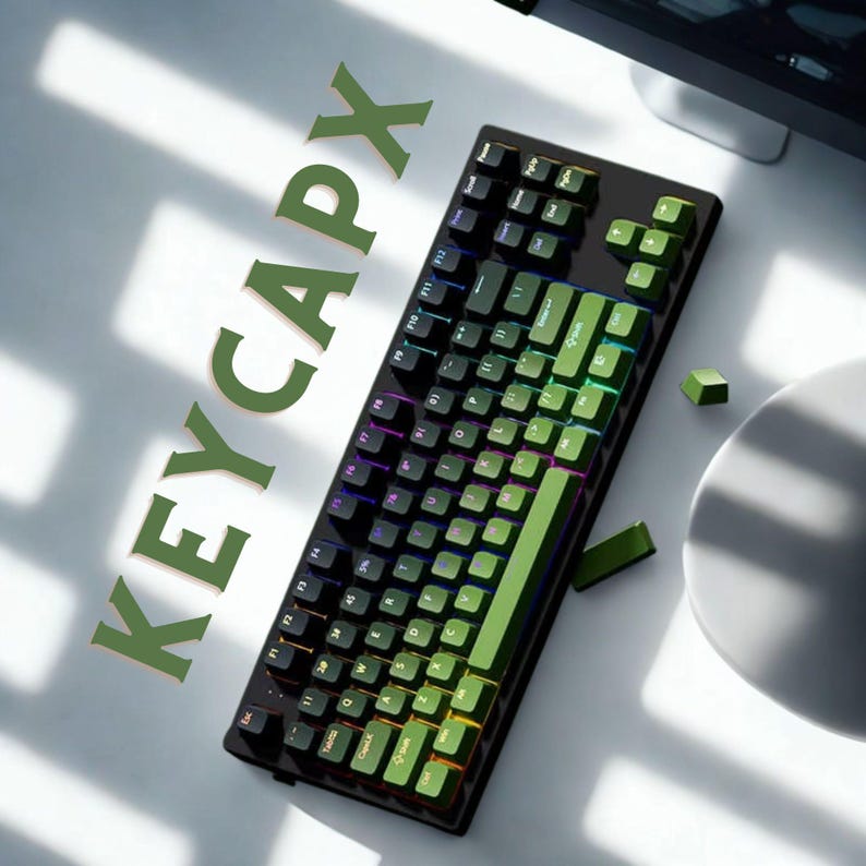 Top view of green PBT keycaps on white keyboard