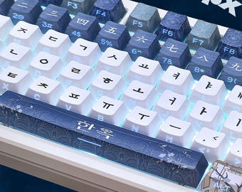 Hangul + English Keycap Set – Translucent Blue Keycaps, Cherry Profile PBT, RGB Backlit Side-Printed Legends for MX Mechanical Keyboards