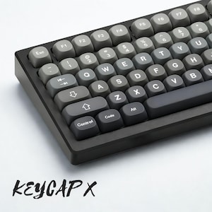 May include: A close-up of a black mechanical keyboard with gray keycaps. The keyboard has a standard QWERTY layout with function keys and arrow keys. The text "KEYCAP X" is printed in black at the bottom.