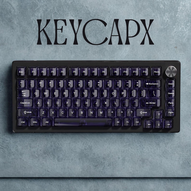 Crystal clear purple keycaps MDA profile close-up view