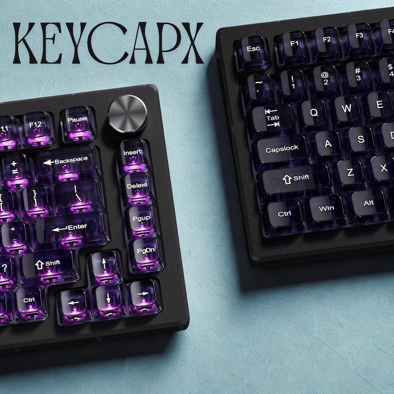 RGB illuminated transparent purple keycaps gaming setup