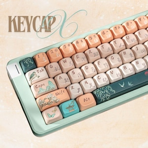 May include: A custom keyboard with pastel-colored keycaps. The keycaps feature Chinese characters and nature-inspired designs, including birds, mountains, and flowers. The keyboard's frame is a light teal color, and the word "KEYCAP" is visible in the upper left.