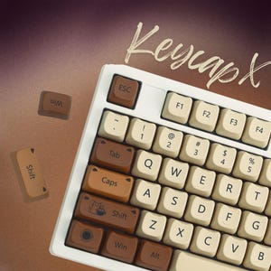 141-Key Coffee Cat Keycap, Cute PBT Keycaps Set, Moa Profile, Thermal Sublimation, Brown Khaki Keycap, Custom Keycap, Gamer Keycap, Cat Girl
