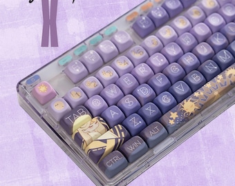 May include: A custom mechanical keyboard with gradient purple keycaps. The keycaps have white lettering and symbols. The keyboard has a clear plastic case. The word "Keycap" and the letter "X" are in the upper left corner.