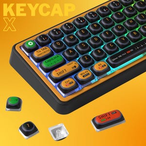 May include: A black and orange mechanical keyboard with round keycaps. The keyboard has a retro design with illuminated keys. The image includes the text "KEYCAP X" and several loose keycaps.