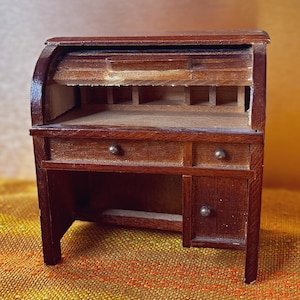 Vintage Dollhouse Formal Wooden Roll Top Desk