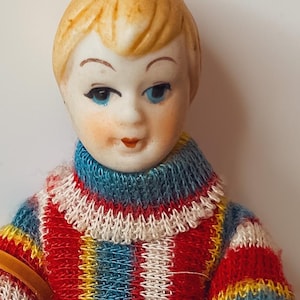 Vintage Dollhouse Boy Doll / Porcelain Jointed / Hand-Painted Face & Handmade Clothes