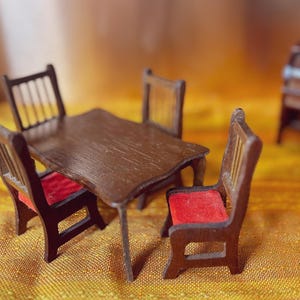 Vintage Dollhouse Wooden Dinner Table with Red Velvet Chairs