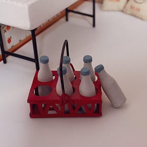 Vintage Dollhouse Miniature: Wooden Milk Bottles in Metal Crate