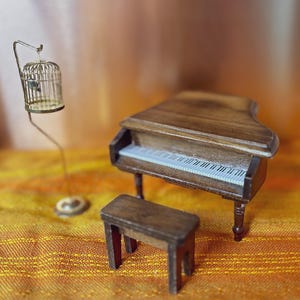 Vintage Dollhouse Wooden Grand Piano with Music Sheet and Bench