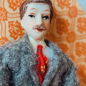 Vintage Dollhouse Man in Suit / Porcelain Doll / Hand-Painted Face & Handmade Clothes