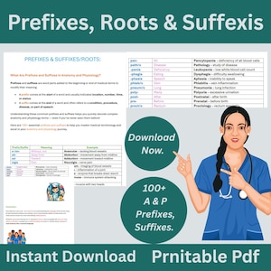 May include: A digital educational resource titled "Prefixes, Roots & Suffixes" with medical terminology. The image includes a chart with prefixes, suffixes, and their meanings, along with a medical professional pointing to the text. The text says "Download Now."