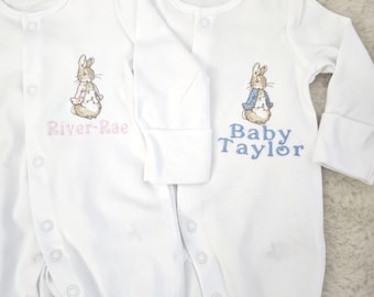 Personalised Rabbit Baby Sleepsuit | Embroidered Romper with Name| Newborn Outfit | Custom Baby Grow