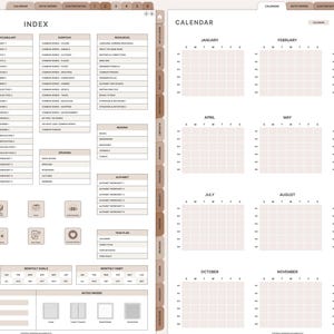 May include: A digital planner with a neutral color scheme. The left page features an index with vocabulary, writing, and listening sections. The right page displays a calendar layout with monthly views from January to December.
