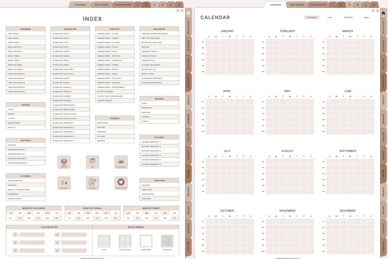 May include: A digital planner with a neutral color scheme. The left page features an index with vocabulary, writing, and listening sections. The right page displays a calendar layout with monthly views from January to December.