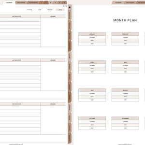 May include: A planner with year goals and monthly plan pages. The year goals section includes space for goals, action steps, and rewards. The monthly plan section has boxes for each month, with space for calendar, goals, and habits.