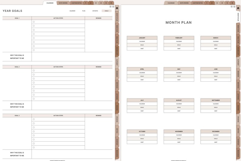May include: A planner with year goals and monthly plan pages. The year goals section includes space for goals, action steps, and rewards. The monthly plan section has boxes for each month, with space for calendar, goals, and habits.