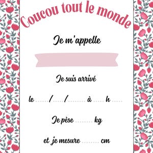 Welcome baby card, birth announcement, to personalize, card to place in the crib, liberty pink, flowers