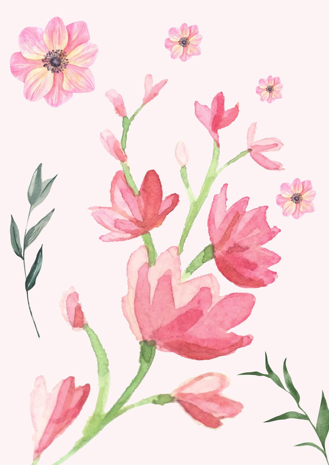 Pink Watercolor Floral Wall Art – Soft Botanical Illustration, Romantic ...