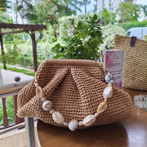 Handmade Crochet Raffia Clutch with Shell Beads - Boho Summer Purse