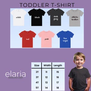 Puede incluir: Una selecci&oacute;n de camisetas para ni&ntilde;os peque&ntilde;os en varios colores, incluyendo blanco, negro, gris oscuro, athletic heather, rojo, rosa y azul real. Una tabla de tallas muestra las medidas en pulgadas. Tambi&eacute;n se ve el logotipo de la marca "elaria DESIGN ART".