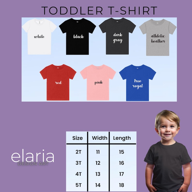 Puede incluir: Una selecci&oacute;n de camisetas para ni&ntilde;os peque&ntilde;os en varios colores, incluyendo blanco, negro, gris oscuro, athletic heather, rojo, rosa y azul real. Una tabla de tallas muestra las medidas en pulgadas. Tambi&eacute;n se ve el logotipo de la marca "elaria DESIGN ART".