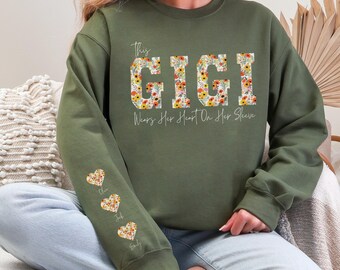 This Grandma Wears Her Heart On Her Sleeve Sweatshirt, Custom Shirt with Names On Sleeve, Mommy Heart Hoodie