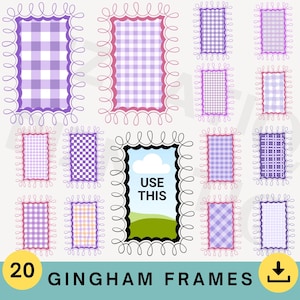 May include: A collection of 20 gingham frames in various shades of purple, with a decorative swirl border. One frame features a landscape with the text "USE THIS". The words "GINGHAM FRAMES" are at the bottom.