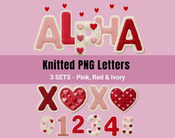 Valentines Knitted Alphabet PNG Font Bundle, 3D Crochet Letters, Red Pink Ivory Alpha Clipart, Valentine Yarn Letters Clipart, Alpha set PNG