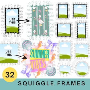 May include: A set of 32 squiggly frames with a summer theme. The frames are in various shapes, including rectangles and circles, and feature seahorses, seashells, and bows. The text "Summer Vibes" is also included. The image also includes the text "Use This".