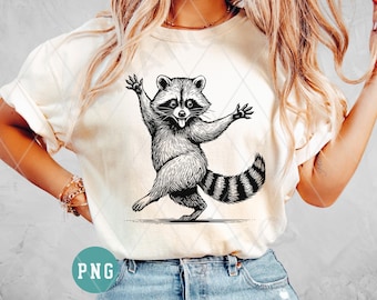 Diseño de camiseta PNG de mapache bailando, diseño de sublimación, divertido baile de mapache, gráfico de dibujo lineal retro en blanco y negro, descarga digital