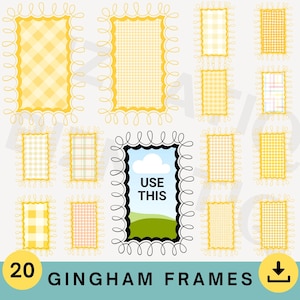 May include: A collection of 20 digital gingham frames in various yellow patterns, including checkered and plaid designs. Each frame has a decorative, scalloped edge. One frame features a landscape with the text "USE THIS".