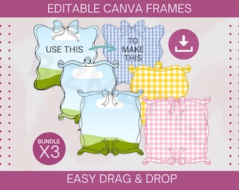 Editable coquette bow border frames BUNDLE Custom bow canva frame template Drag and drop canva template Instant download Commercial use PNG