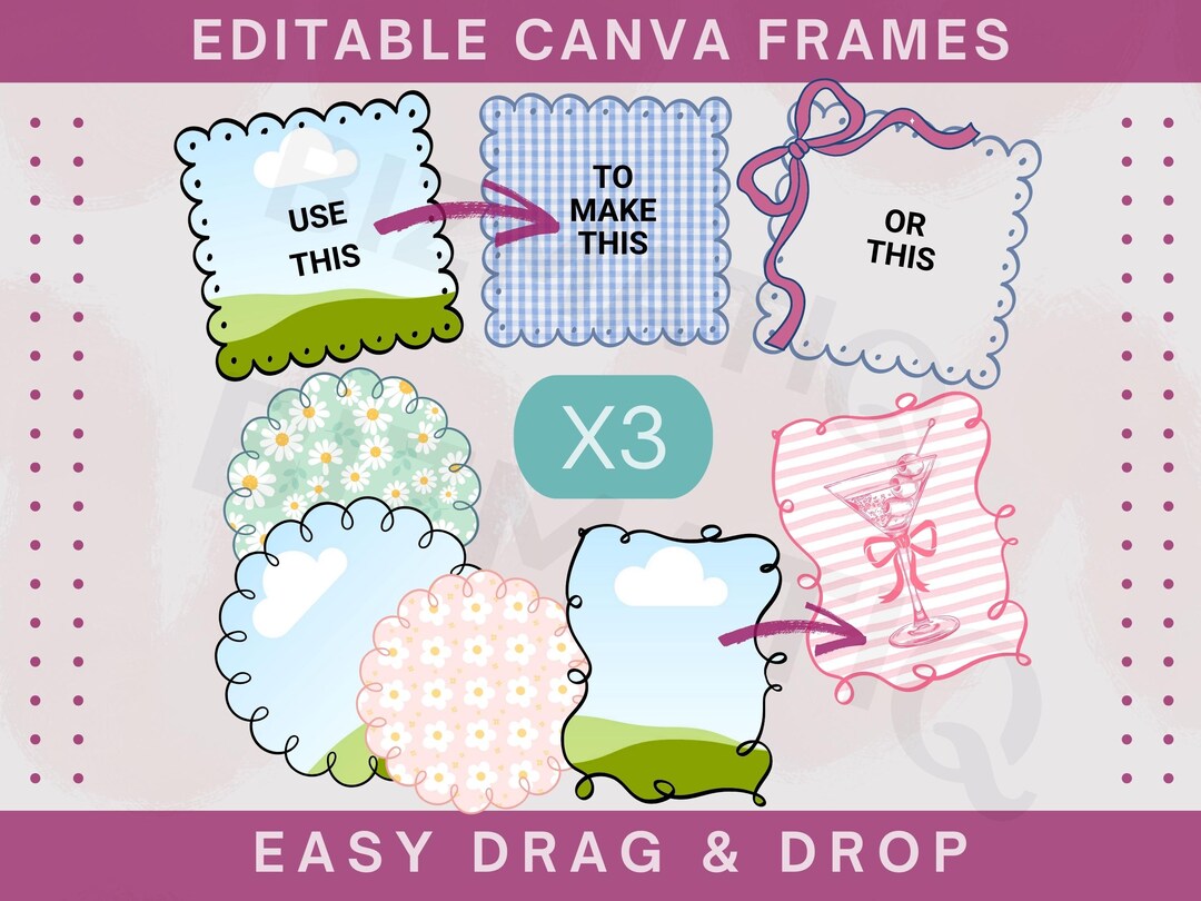 Doodle Canva Frame Template Editable Border Frames BUNDLE Custom Wavy ...