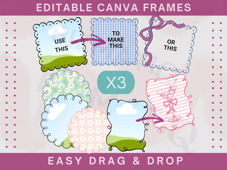 Doodle Canva Frame Template Editable Border Frames BUNDLE Custom Wavy ...