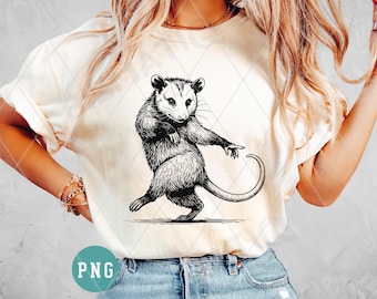 Dancing opossum PNG shirt design, Sublimation design, Funny possum dance, Black and white retro line drawing graphic, Digital download