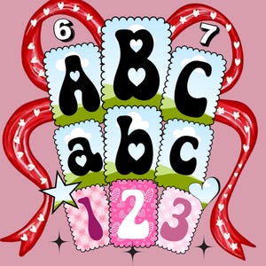 May include: A colorful educational graphic featuring the letters ABC and numbers 123. The letters and numbers are in black with heart details, set against a sky and grass background. A red ribbon with white hearts frames the design.