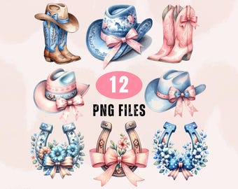 Handgemachte Western-Cowboy-Stiefel, Cowgirl-Hut, Chinoiserie Toile, Blumen-Hufeisen-Clipart