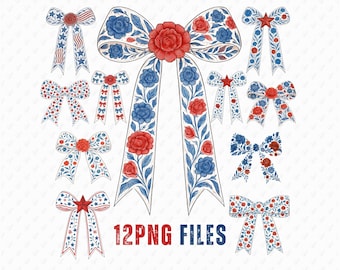 Patriotic Bows Transparent PNG Clipart Red White Blue Ribbon Sublimation Design Girly 4th of July Chinoiserie toil coquette Digital Download