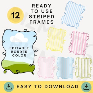 Könnte beinhalten: Digitalgrafik mit 12 gebrauchsfertigen gestreiften Rahmen in verschiedenen Farben, darunter Blau, Rosa, Gelb und Grün. Die Rahmen haben einen skurrilen, handgezeichneten Stil mit lockigen Rändern. Text enthält "Ready to Use Striped Frames".