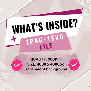 May include: A digital graphic design image with the text "WHAT'S INSIDE?" in bold black letters. Below, it states "1PNG+1SVG FILE". The image also includes details about the quality, size, and background type.