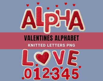 Valentines Knitted Alphabet PNG Font Bundle, 3D Crochet Letters, Red and Ivory Alpha Clipart, Valentine Yarn Letters Clipart, Alpha set PNG