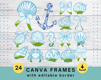 24 editable canva frames templates Custom border frames Seashells bundle Coquette bow frames Coastal beach summer designs Chinoiserie toile