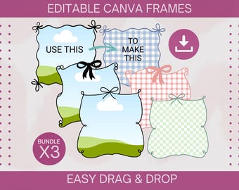 Editable coquette bow border frames BUNDLE Custom bow canva frame template Drag and drop canva template Instant download Commercial use PNG