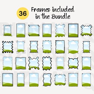 May include: A collection of 36 picture frames with various decorative borders. Each frame features a blue sky with white clouds over a green landscape. The text "Frames included in the Bundle" is above the frames, with a yellow circle containing the number "36".