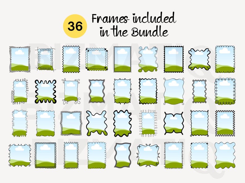 May include: A collection of 36 picture frames with various decorative borders. Each frame features a blue sky with white clouds over a green landscape. The text "Frames included in the Bundle" is above the frames, with a yellow circle containing the number "36".