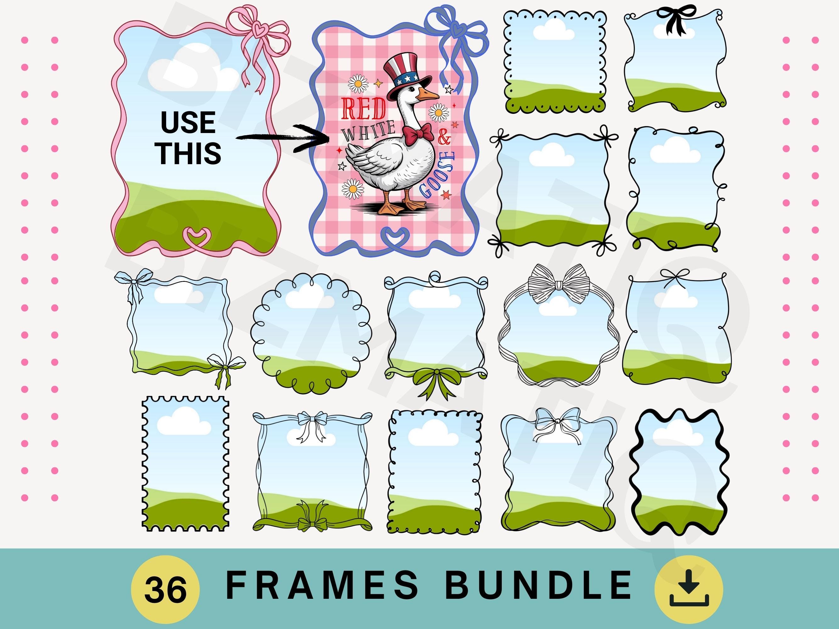 36 Editable coquette bow border frames BUNDLE Custom bow canva frame template Drag and drop Doodle canva frame template Instant download