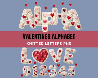 Valentines Knitted Alphabet PNG Font Bundle, 3D Crochet Letters with hearts, Red Pink Ivory Alpha Clipart, Valentine Yarn Letters Clipart