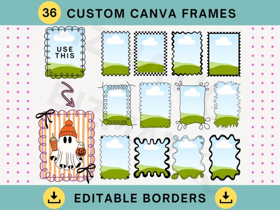 36 Editable canva frame template Drag & drop canva frames bundle Doodle border frame canva Custom  squiggle square Whimsical scalloped frame